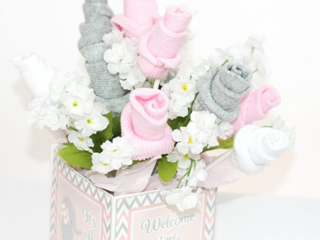 Pink and Gray Baby Sock Bouquet | Baby Shower Decoration Idea
